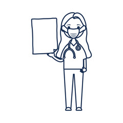 cartoon doctor woman with mouthmask and board icon, line style