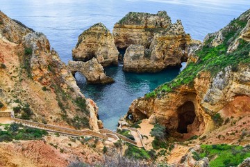 Panoramic view of Ponta da Piedade, in Lagos, Algarve, Portugal. Cliff rocks on sea at Ponta da Piedade, Algarve region, Portugal