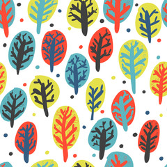 Nice autumn hand drawn trees in five colors. Seamless pattern.
