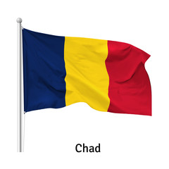Flag of the Republic of Chad in the wind on flagpole, isolated on white background, vector