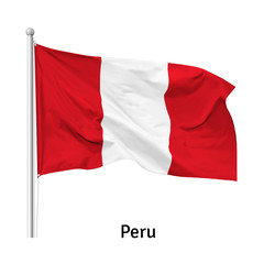 Flag of the Republic of Peru in the wind on flagpole, isolated on white background, vector