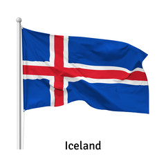 Flag of the Iceland in the wind on flagpole, isolated on white background, vector