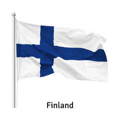 Flag of the Republic of Finland in the wind on flagpole, isolated on white background, vector