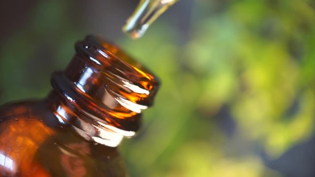 Cannabidiol CBD oil in a brown glass bottle macro shot with eyedropper