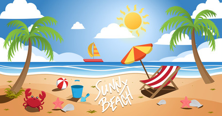Fototapeta na wymiar Sunny Beach Summer Landscape With Various Ornaments
