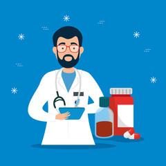 male doctor with bottles medicine vector illustration design