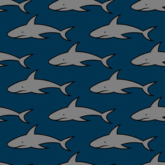 Cartoon sharks isolated on a dark blue background. Baby seamless pattern. Vector hand drawn graphic illustration. Texture.