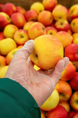 customer in protective medical gloves  buys fruits in supermarket fearing virus and bacterial infection