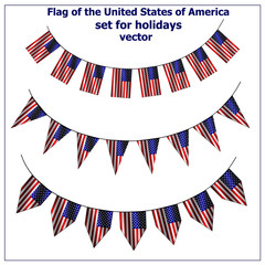 Bright set with flags of USA for holidays. Happy America day background. Flags with folds. Vector illustration with transparent background.