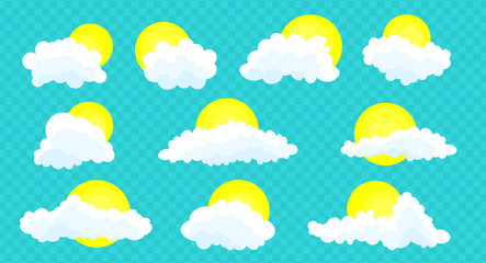 Clouds set isolated on a blue transparent background. Simple cute cartoon design. Icon or logo collection. Realistic elements. Flat style. Vector illustration