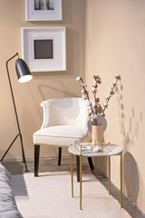Part of the bedroom design, white armchair, brass glass table, cotton in vase, floor lamp, wall pictures