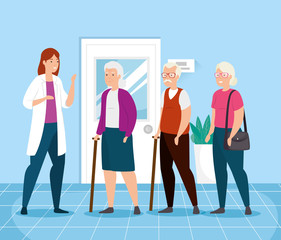 old people talking of doctor female vector illustration design