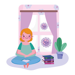 stay at home, young man sitting with books in room, quarantine prevention, covid 19