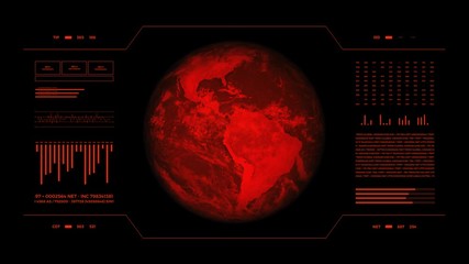 Red HUD display, earth technology interface for global warming study. 4K 3D animation.