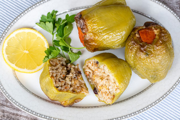 Biber Dolma, Turkish traditional food. Stuffed peppers with rice. (Turkish cuisine)