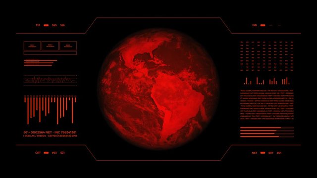 Red HUD display, earth technology interface for global warming study. 4K 3D animation.