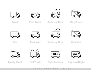 Delivery Truck icons set. Fast Truck, Minibus, Van, Delivery in Time, Ban, 24-7 Free Delivery. Vector Editable Line - 335149104
