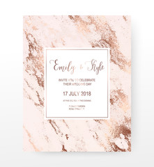 Marble wedding invitation card with rose gold veins texture.