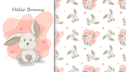 Illustration of cute bunny and baby pattern in the white backdrop