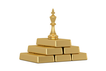 Success concept chess king and gold bars pile  isolated on white background. 3D illustration.