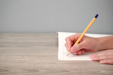 Person writing something in notebook. Class, study, household budget, memo, business, learning,...