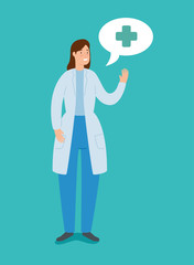 doctor female and speech bubble with cross symbol vector illustration design