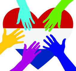 Care and charity concept - hands on the Netherland Flag Heart. Patriotic concept. People raising their hands to become volunteers.