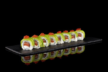 Rolls sushi black background reflection basalt asian food japan food