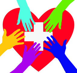 Care and charity concept - hands on the Switzerland Flag Heart. Patriotic concept. People raising their hands to become volunteers. The concept of big problems because of the coronavirus pandemic.