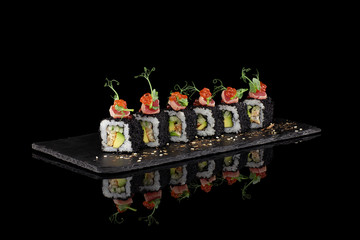 Rolls sushi black background reflection basalt asian food japan food