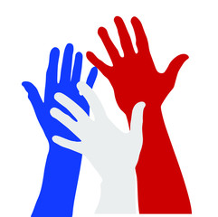 colored raising hands as France Flag symbol. The concept a help for France. The concept of big problems because of the coronavirus pandemic in France.