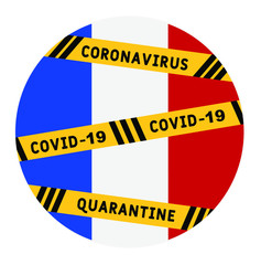 France quarantine and extraordinary emergency measures under pandemic virus. stop coronavirus covid-19 yellow border tape on France flag background. vector illustration