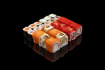 Rolls sushi black background reflection basalt asian food japan food