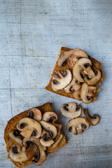 Mushrooms on Toast Overhead View on Aluminum Surface Copy Space