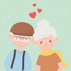 old people, happy grandparents, mature couple love cartoon characters
