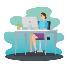 woman working at home with computer in desk vector illustration design