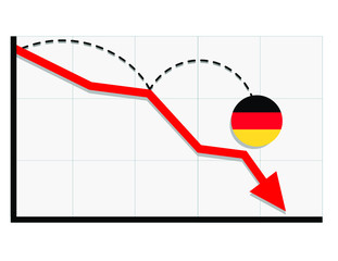 Germany flag with red arrow graph going down showing economy recession and shares fall. Crisis, Germany economy concept. For topics like global economy, Germany economy, banking, finance