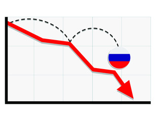 Russia flag with red arrow graph going down showing economy recession and shares fall. Crisis, Russia economy concept. For topics like global economy, Russia economy, banking, finance