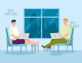 men working at home with laptops sitting in chair vector illustration design