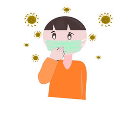 Cartoon Portrait  on isolate background. A man wearing a mask and viruses floating in the air.