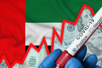 Fototapeta na wymiar Coronavirus in United Arab Emirates. Positive blood test on flag background. Increase in incidence. Economic crisis