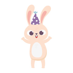 happy birthday, cute little rabbit with party hat cartoon isolation design icon