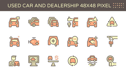 Used car and dealership vector icon set design, 48X48 pixel perfect and editable stroke.