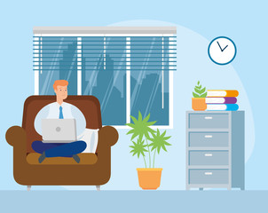 scene businessman working at home in living room vector illustration design