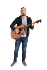 Male singer with guitar on white background