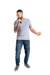 Male singer with microphone on white background