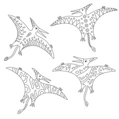 pterodactyl doodle black stroke on white background. ornamented dinosaur black outline 