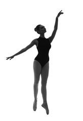 Fototapeta premium Silhouette of beautiful young ballerina on white background