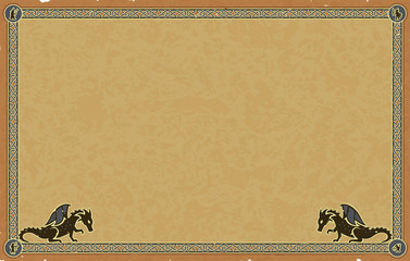 Ornate vector medieval frame with Celtic knots, dragon silhouettes and small fantasy character icons in the corners (elf, orc, magician and goblin) on a worn beige paper parchment background. © Fantasy Maps