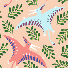 pink and blue pterodactyl seamless pattern with green leaves on pink background © Liudmila